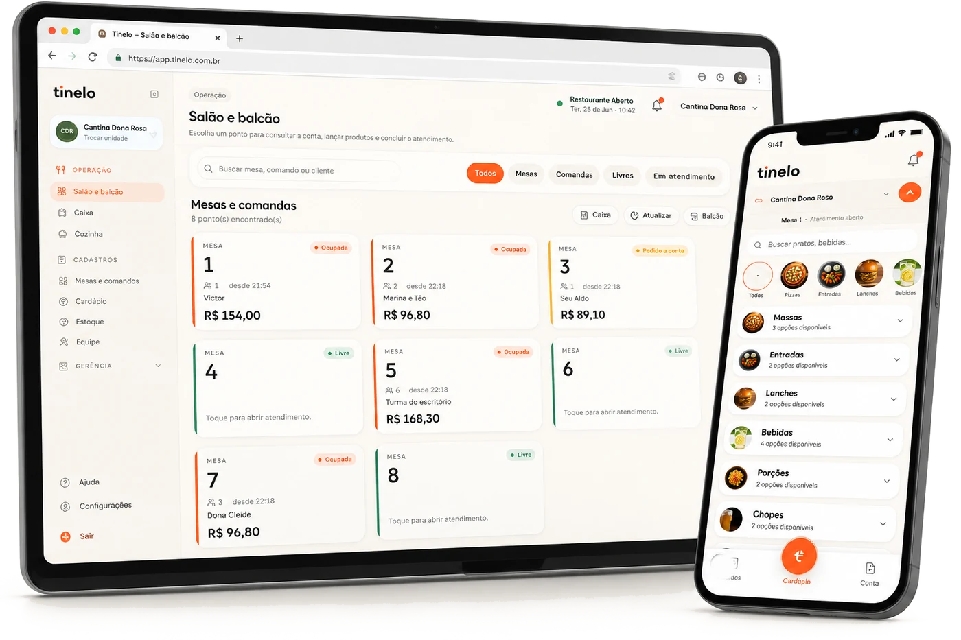 Salão da Tinelo aberto no tablet e o cardápio do cliente no celular